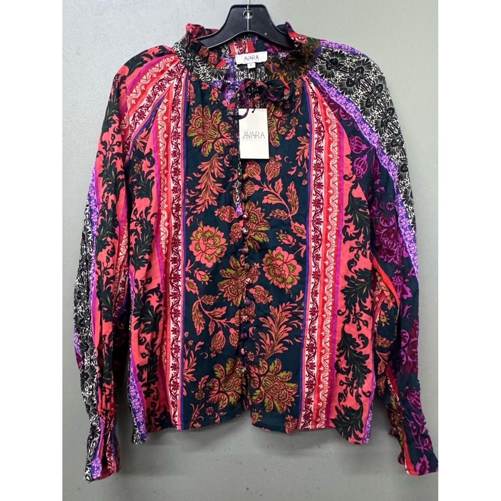 Avara Blouse Women Small Multicolor Floral Damask Button Front Cotton